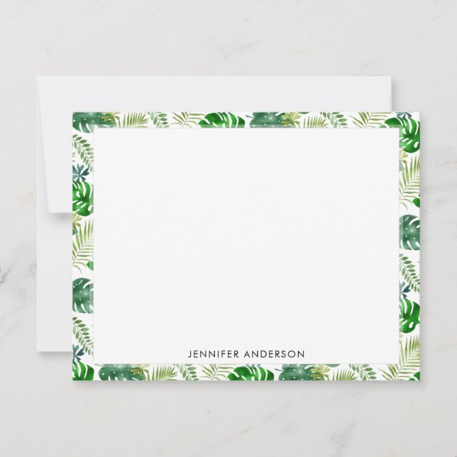 Tropical Green Monstera Palm Leaves Safari Jungle Note Card (Front)