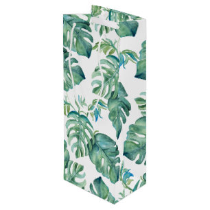 Tropical Green Monstera Palm Leaves Watercolor Wine Gift Bag