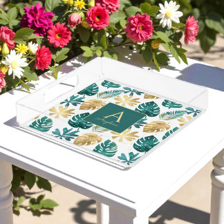 Tropical Green Nature Pattern Gold Yellow Acrylic Tray
