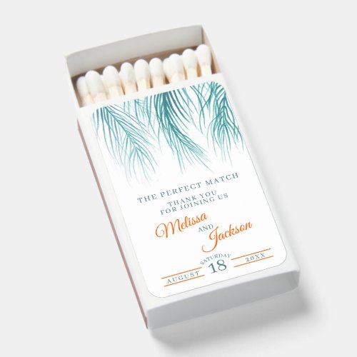 Tropical green orange palm watercolor wedding matchboxes