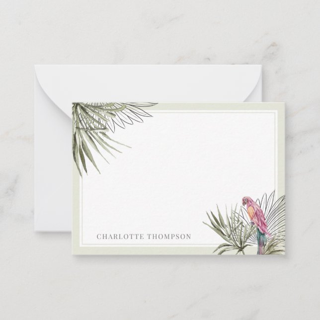 Tropical Green Palm and Parrot Personalized Name Note Card (Front)