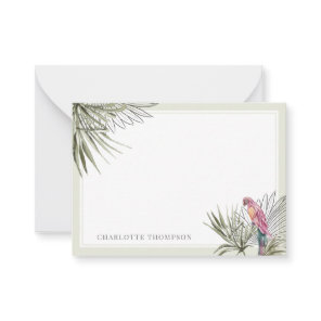 Tropical Green Palm and Parrot Personalized Name Note Card