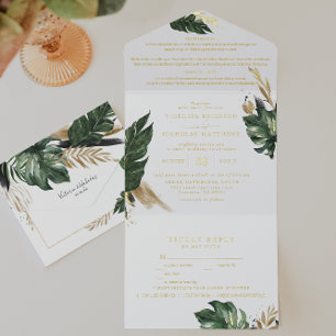 Tropical Green Palm & Banana Leaf Wedding  All In One Invitation