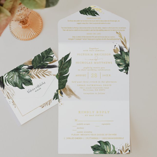 Tropical Green Palm & Banana Leaf Wedding  All In One Invitation (Creator Uploaded)