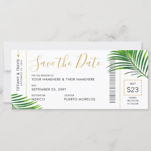 Tropical Green Palm Boarding Pass Save Date Card