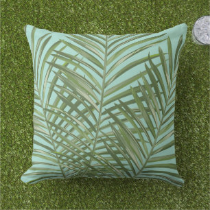 Tropical Green Palm Frond Aqua Pattern Outdoor Pillow