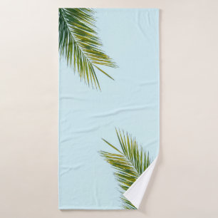 Tropical Green Palm Frond on Light Blue Bath Towel