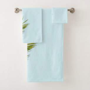 Tropical Green Palm Frond on Light Blue Bath Towel Set