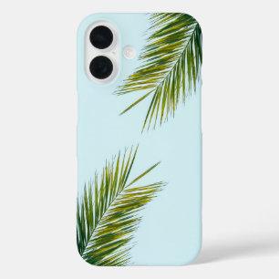 Tropical Green Palm Frond on Light Blue iPhone 16 Case