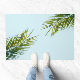 Tropical Green Palm Frond on Light Blue Doormat