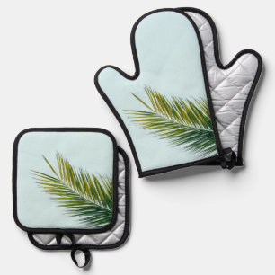 Tropical Green Palm Frond on Light Blue Oven Mitt & Pot Holder Set