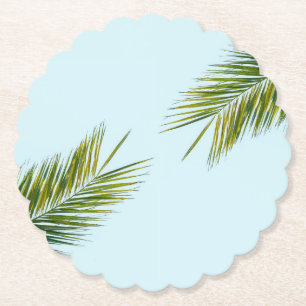 Tropical Green Palm Frond on Light Blue Paper Coaster