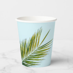 Tropical Green Palm Frond on Light Blue Paper Cups