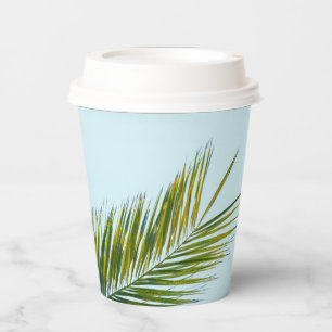 Tropical Green Palm Frond on Light Blue Paper Cups