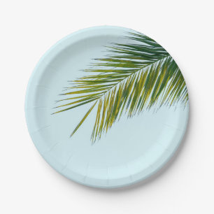 Tropical Green Palm Frond on Light Blue Paper Plates