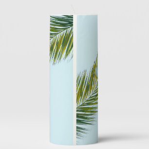 Tropical Green Palm Frond on Light Blue Pillar Candle