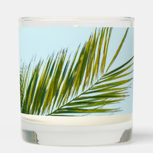 Tropical Green Palm Frond on Light Blue Scented Candle