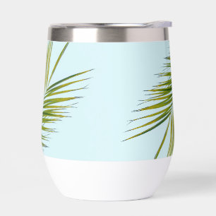Tropical Green Palm Frond on Light Blue Thermal Wine Tumbler