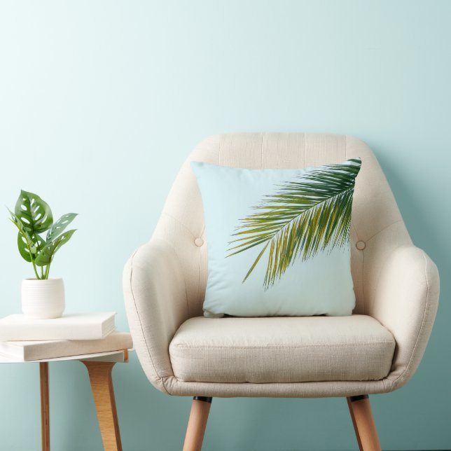 Tropical Green Palm Frond on Light Blue Throw Pillow (Chair)