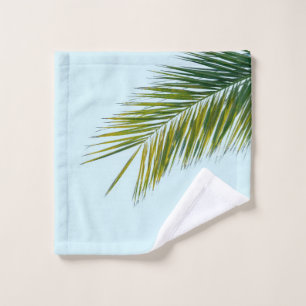 Tropical Green Palm Frond on Light Blue Wash Cloth