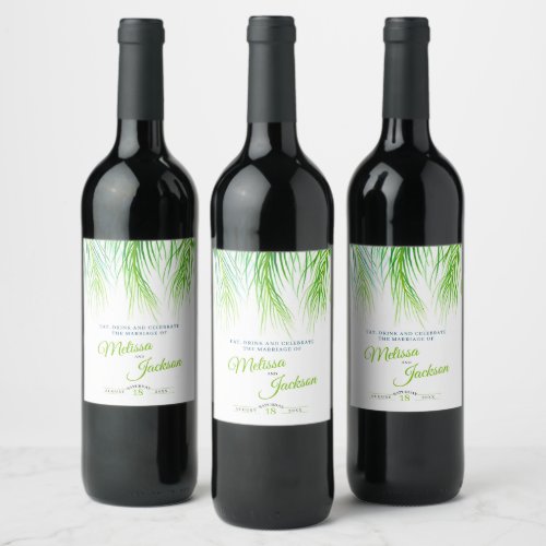 Tropical green palm frond watercolor art wedding wine label