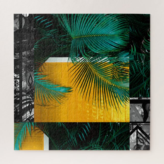 Tropical Green Palm Frond Yellow Rectangle Pattern Jigsaw Puzzle (Vertical)
