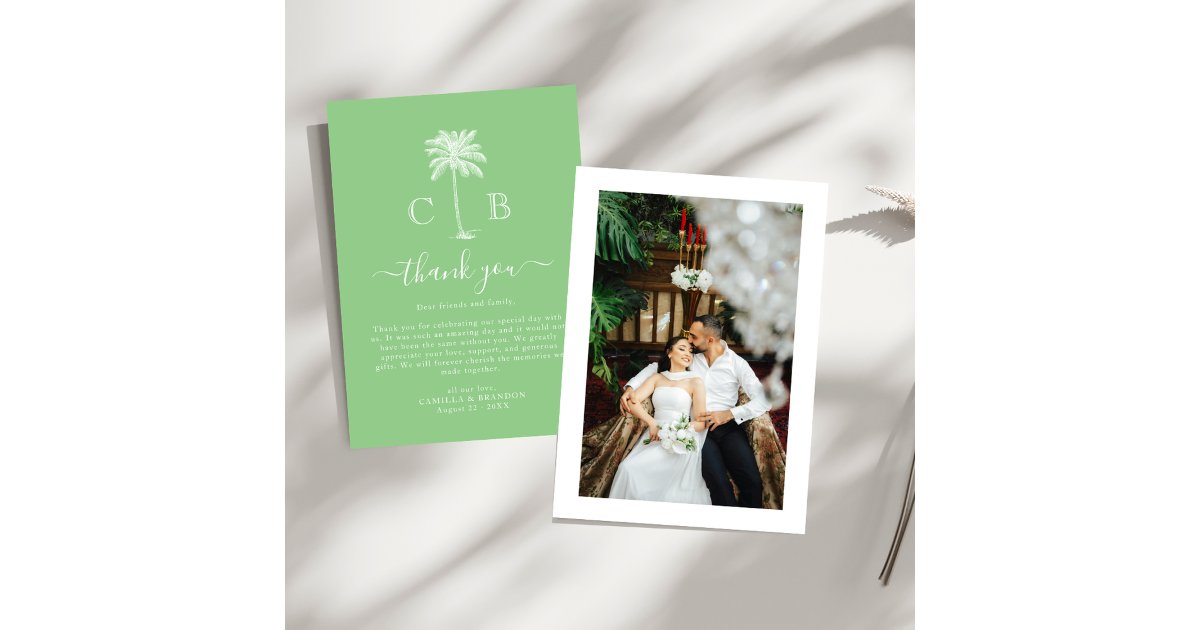 Tropical Green Palm Initials Photo Wedding Thank You Card | Zazzle