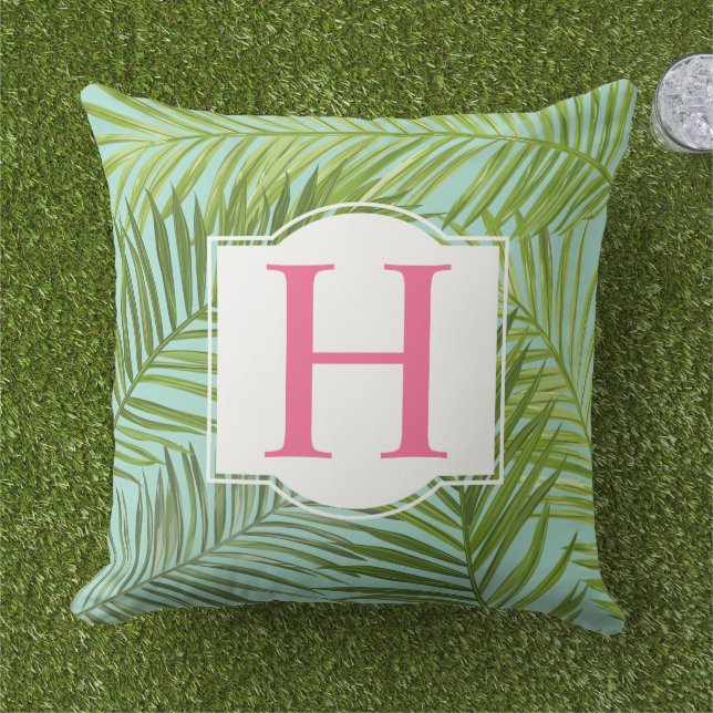 Tropical Green Palm Leaf Aqua Monogram Initial Outdoor Pillow (Grass)