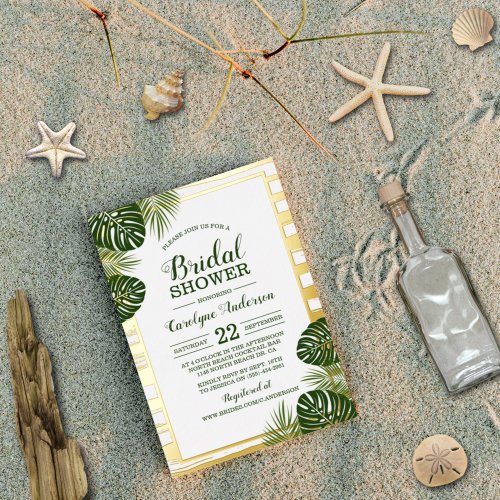 Tropical Green Palm Leaf Beach Bridal Shower Real Foil Invitation