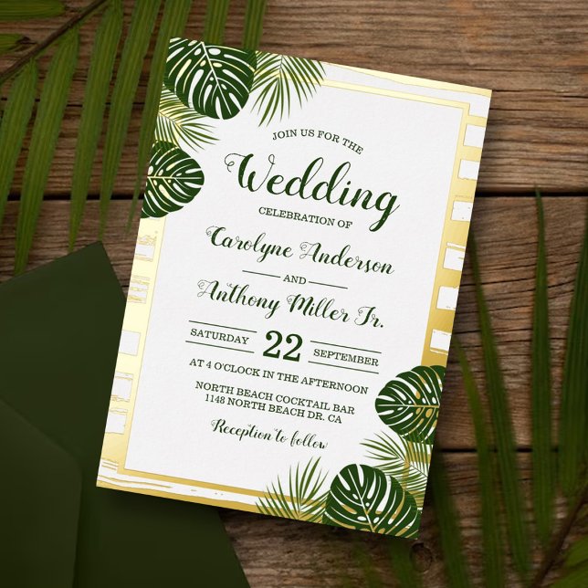 Tropical Green Palm Leaf Beach Wedding Real Foil Invitation (Creator Uploaded)