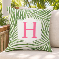 Tropical Green Palm Leaf Beige Monogram Initial