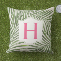 Tropical Green Palm Leaf Beige Monogram Initial Outdoor Pillow