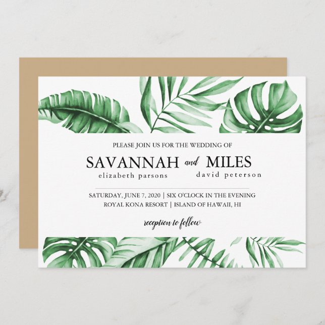 Tropical Green Palm Leaf Border Wedding Invitation (Front/Back)