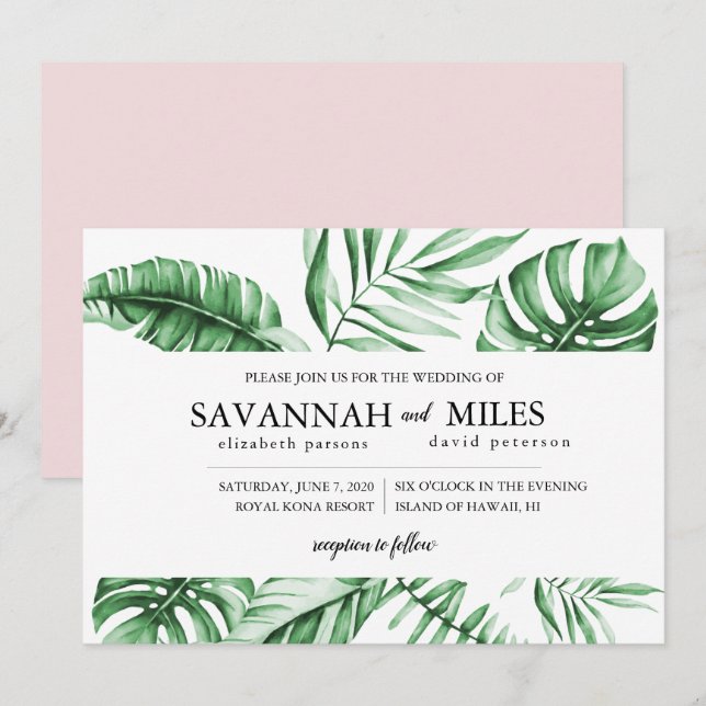 Tropical Green Palm Leaf Border Wedding Invitation (Front/Back)