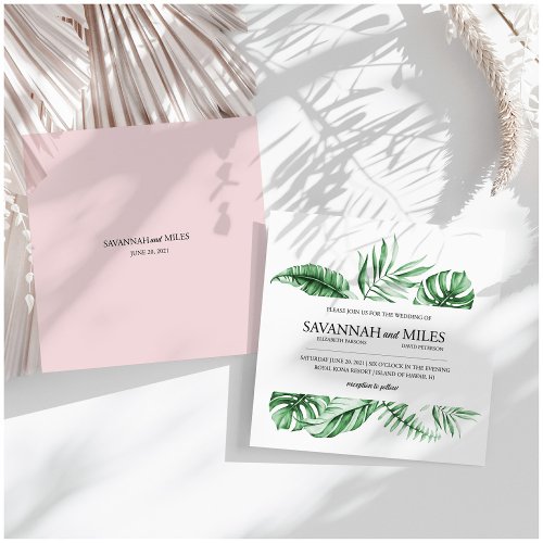 Tropical Green Palm Leaf Border Wedding Invitation