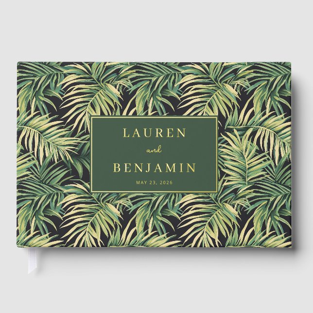 Tropical Green Palm Leaf Celebration Foil Guest Book (Front)