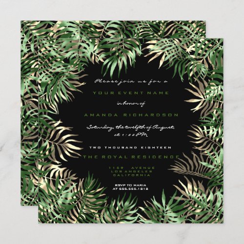 Tropical Green Palm Leaf Frame Black Sepia Gold Invitation