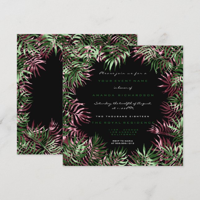 Tropical Green Palm Leaf Frame Black Whit Burgundy Invitation (Front/Back)