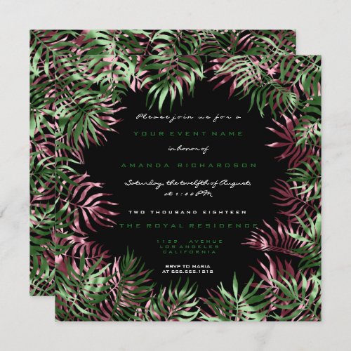 Tropical Green Palm Leaf Frame Black Whit Burgundy Invitation