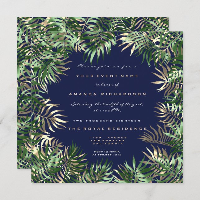 Tropical Green Palm Leaf Frame Blue Nav Sepia Gold Invitation (Front/Back)