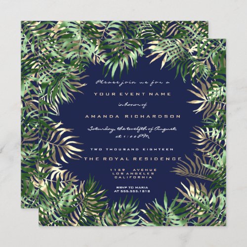 Tropical Green Palm Leaf Frame Blue Nav Sepia Gold Invitation