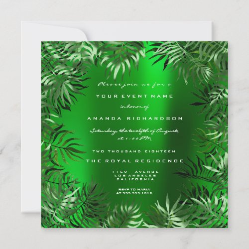 Tropical Green Palm Leaf Frame Emerald Metallic Invitation