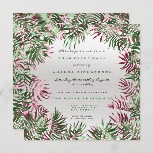 Tropical Green Palm Leaf Frame Metal Gray Burgundy Invitation