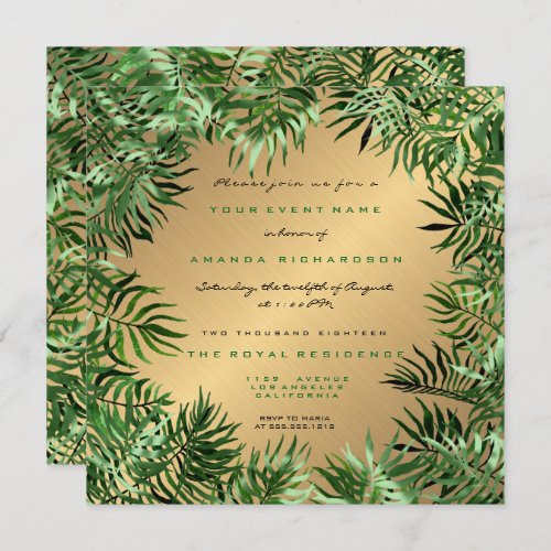 Tropical Green Palm Leaf Frame Metal Sepia Gold Invitation