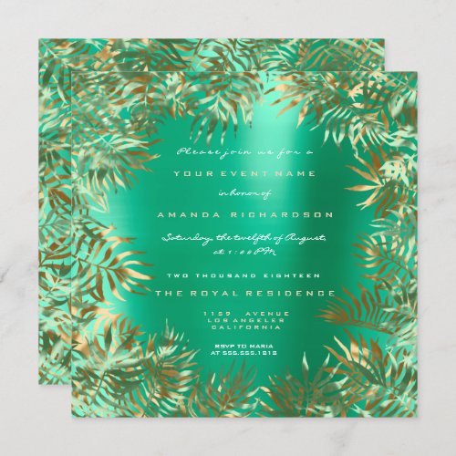 Tropical Green Palm Leaf Frame Metallic Mint Gold Invitation