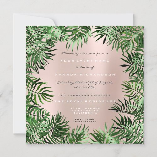 Tropical Green Palm Leaf Frame Pastel Metal Pink Invitation