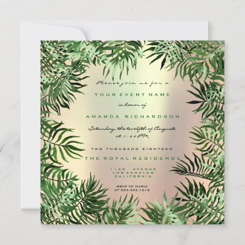 Tropical Green Palm Leaf Frame Pastel Metal Salmon Invitation