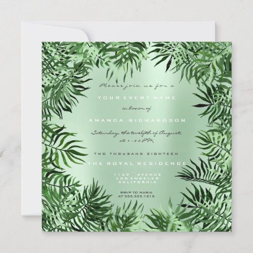 Tropical Green Palm Leaf Frame Pastel Metallic Lux Invitation