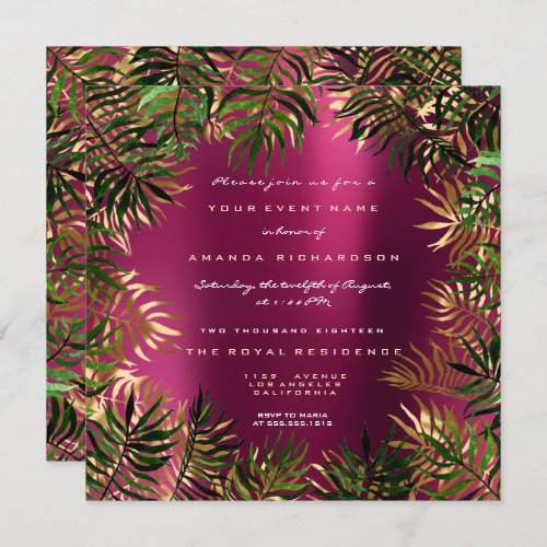 Tropical Green Palm Leaf Frame Raspberry Pink Gold Invitation