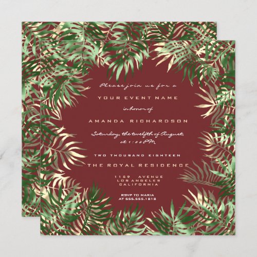 Tropical Green Palm Leaf Frame Red Bean Sepia Gold Invitation